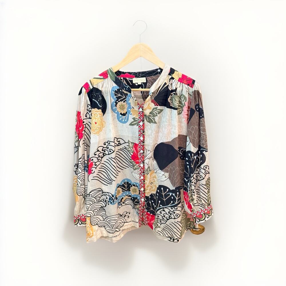 Rubyyaya Top Womens L Multicolor Zen Print Rhinestone Boho Resort Volume Sleeve